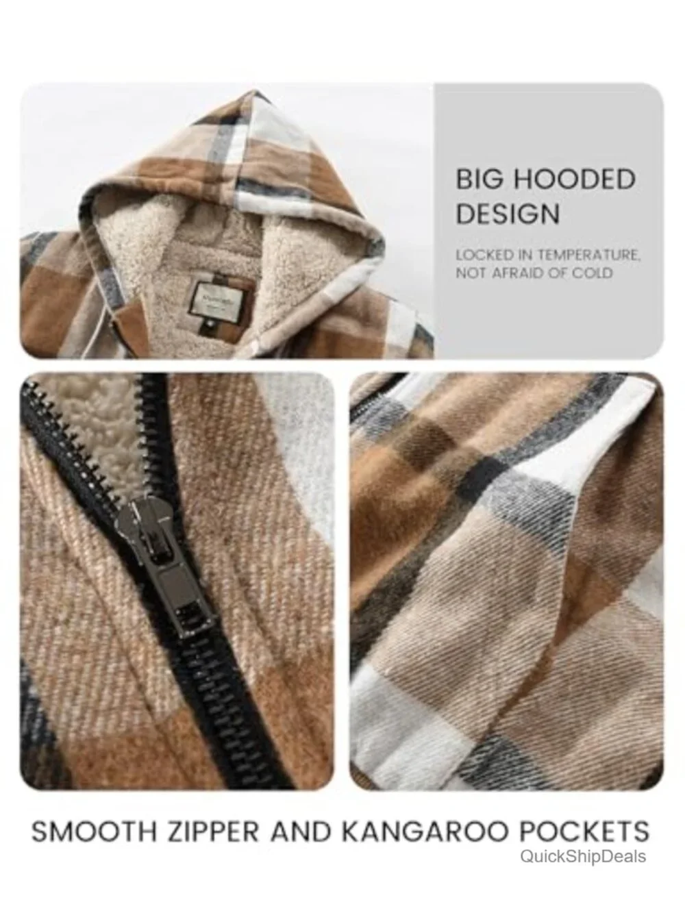 Women's Sherpa Lined Plaid Zip Up Casual Jacket with Hood